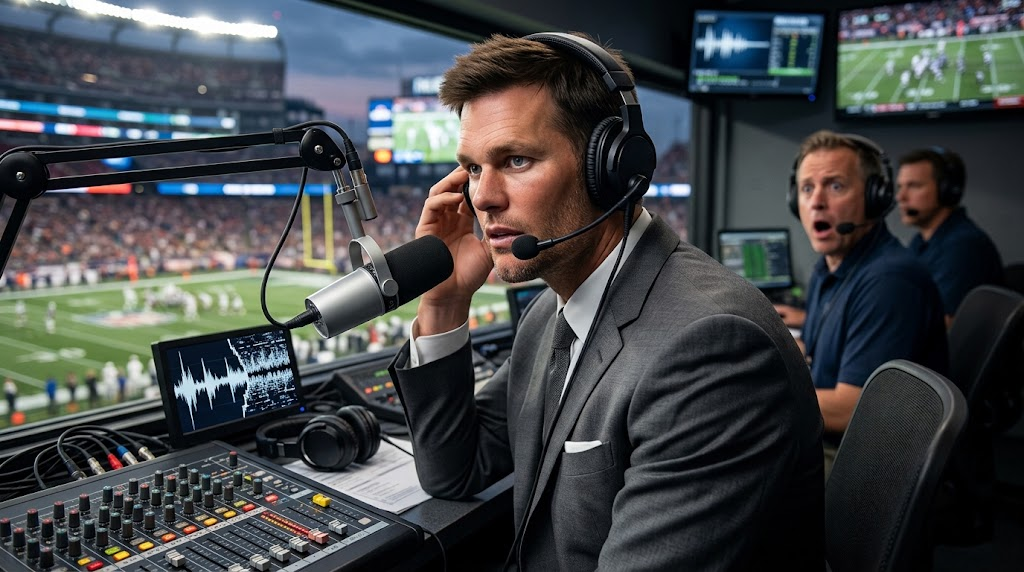 Tom Brady during a Fox Sports broadcast audio issue