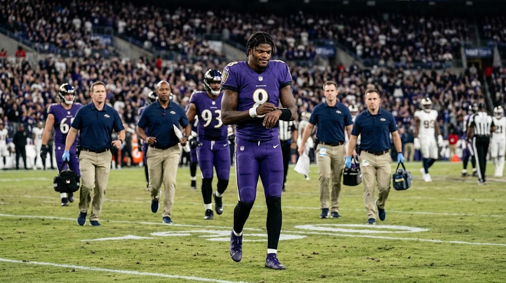 Lamar Jackson reacting after the play that led to his injury
