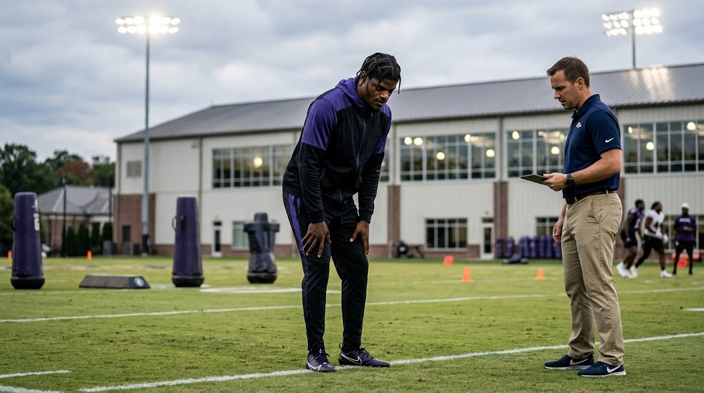 Lamar Jackson during recovery and health assessment before the Ravens game